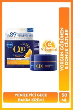 NIVEA Q10 Energy Kırışıklık Karşıtı Yenileyici Gece Bakım Kremi 50ml, C Vitamin, Yorgun Görünen Donu