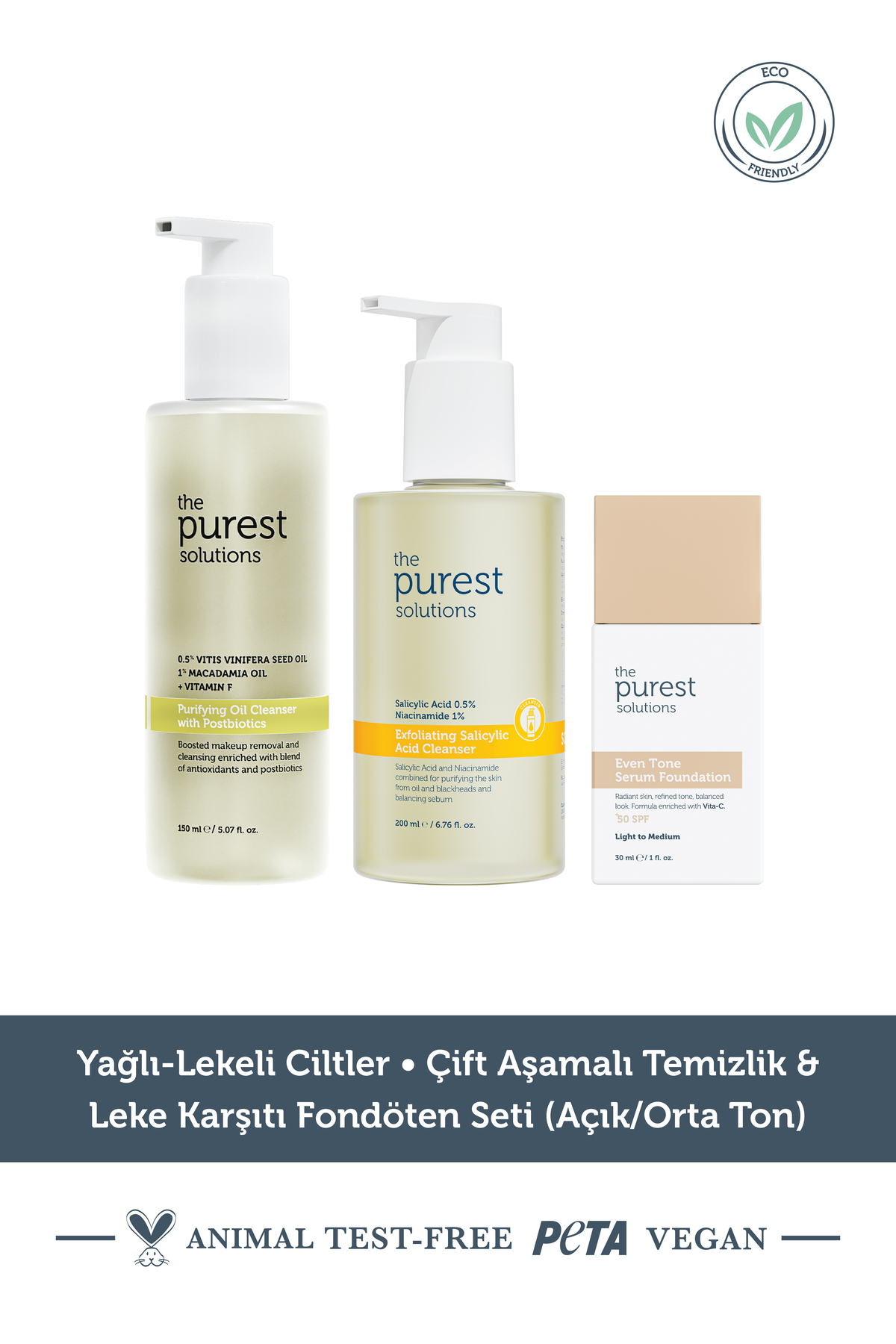 The Purest Solutions Yağlı-Lekeli Ciltler • Çift Aşamalı Temizlik & Leke Karşıtı Fondöten Seti (Açık/Orta Ton)