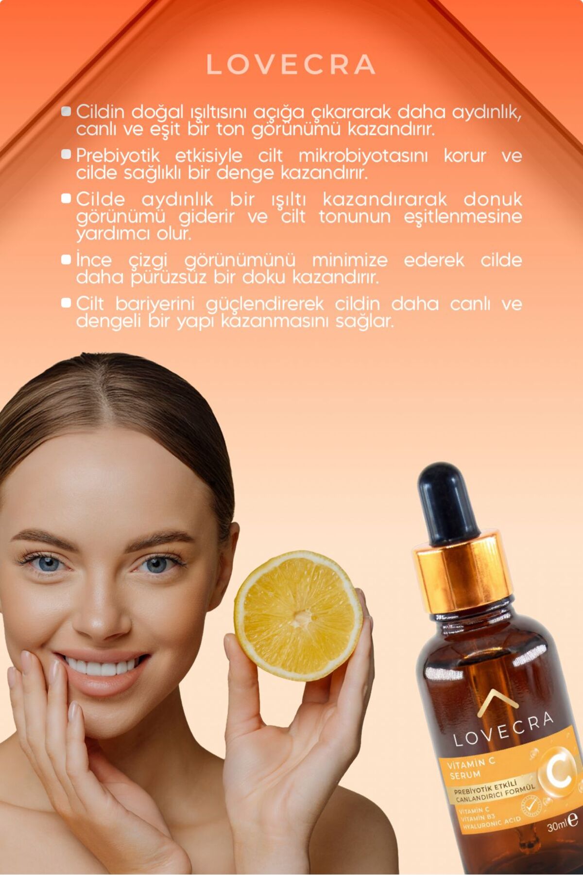 LOVECRA Vitamin C Serum B3 Vitamini Hyaluronic Acid Aydınlatıcı Nemlendirici Günlük Cilt Serumu 30 ml - Görsel 2