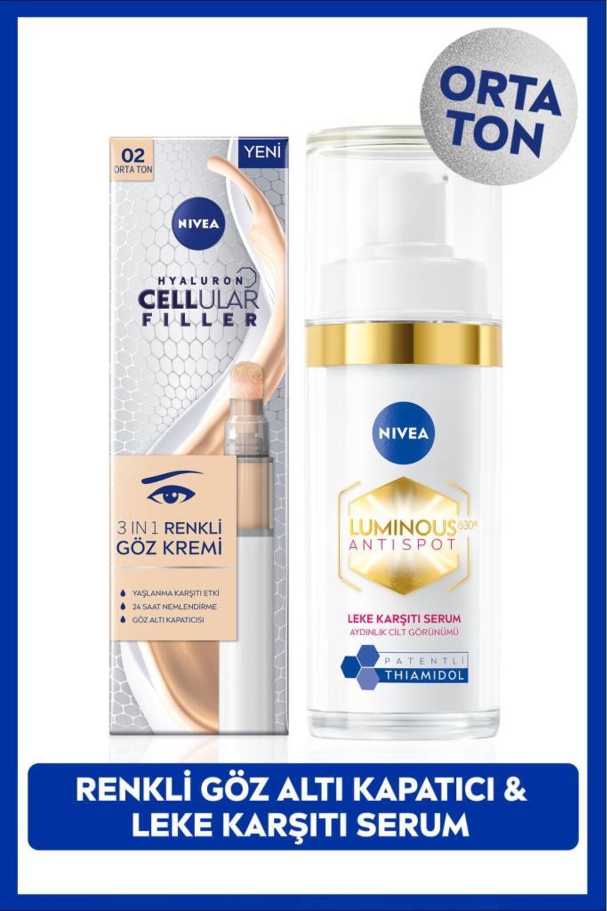 NIVEA Luminous630 Thiamidol Leke Karşıtı Serum 30ml ve Cellular Filler Cushion Renkli Göz Kremi, Orta Ton