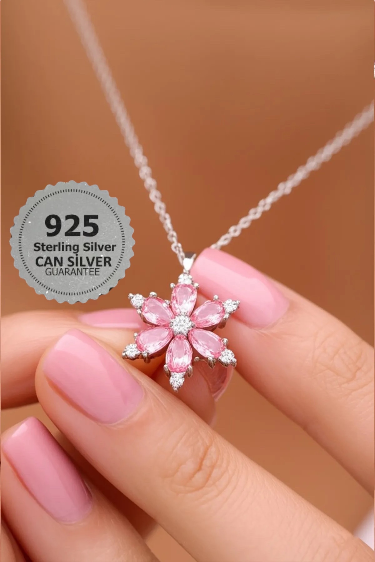 CAN SİLVER 925 Ayar Gümüş Pembe Zirkon Taşlı Manolya Çiçeği Gümüş Kadın Kolye-14 Şubat Sevgililer Gününe Özel - Görsel 2