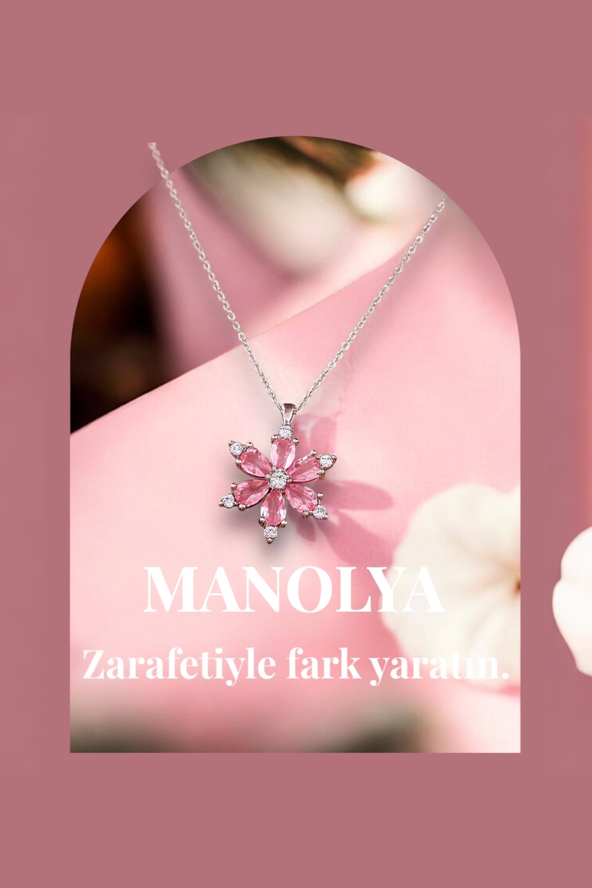 CAN SİLVER 925 Ayar Gümüş Pembe Zirkon Taşlı Manolya Çiçeği Gümüş Kadın Kolye-14 Şubat Sevgililer Gününe Özel - Görsel 3
