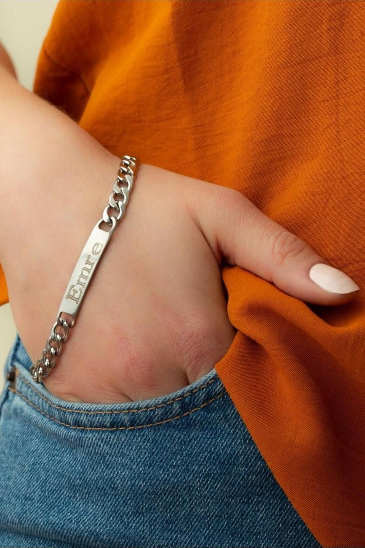 Takı Dükkanı Kişiye Özel Isim Yazılan Figaro Unisex Çelik Bileklik Ack06ic - Görsel 3