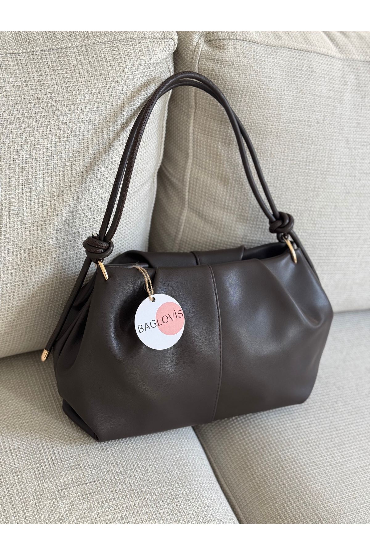 BAGLOVİS ASKISI DÜĞÜM DETAYLI ORTA BOY KAHVE KADIN OMUZ ÇANTASI EN35 BOY20
