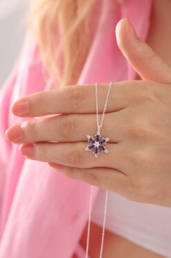 Bilsen Store 925 Ayar Gümüş Zincirli Ametist Damla Taşlı Lotus Kamelya Çiçeği Kolye