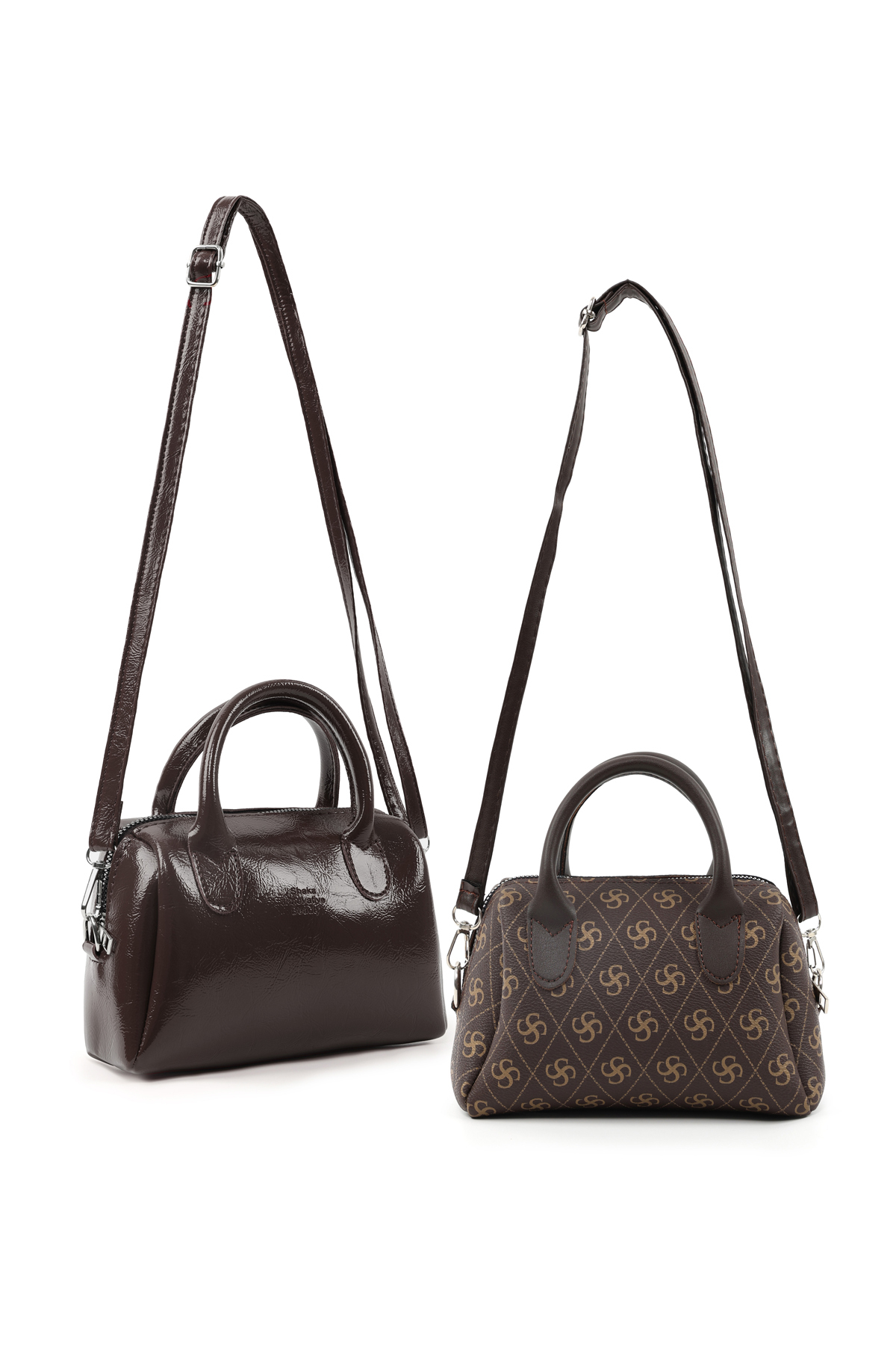 SHAKA Kırışık Dokulu Kahverengi/Monogram Kahverengi SHK293 Suni Deri , 2'li El, Kol Ve Omuz Çanta Seti (SH