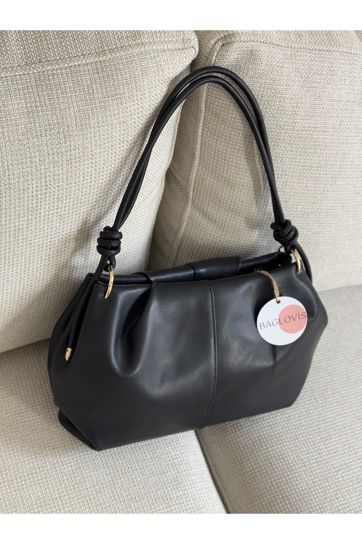 BAGLOVİS Düğüm Detaylı Orta Boy Siyah Kadın Fermuarlı Suni Deri Omuz Çantası EN35 BOY20