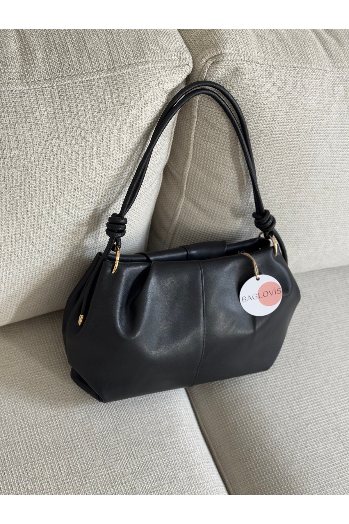 BAGLOVİS Düğüm Detaylı Orta Boy Siyah Kadın Fermuarlı Suni Deri Omuz Çantası EN35 BOY20 - Görsel 2