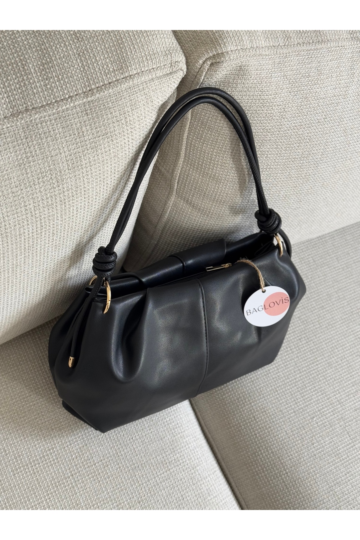 BAGLOVİS Düğüm Detaylı Orta Boy Siyah Kadın Fermuarlı Suni Deri Omuz Çantası EN35 BOY20 - Görsel 3