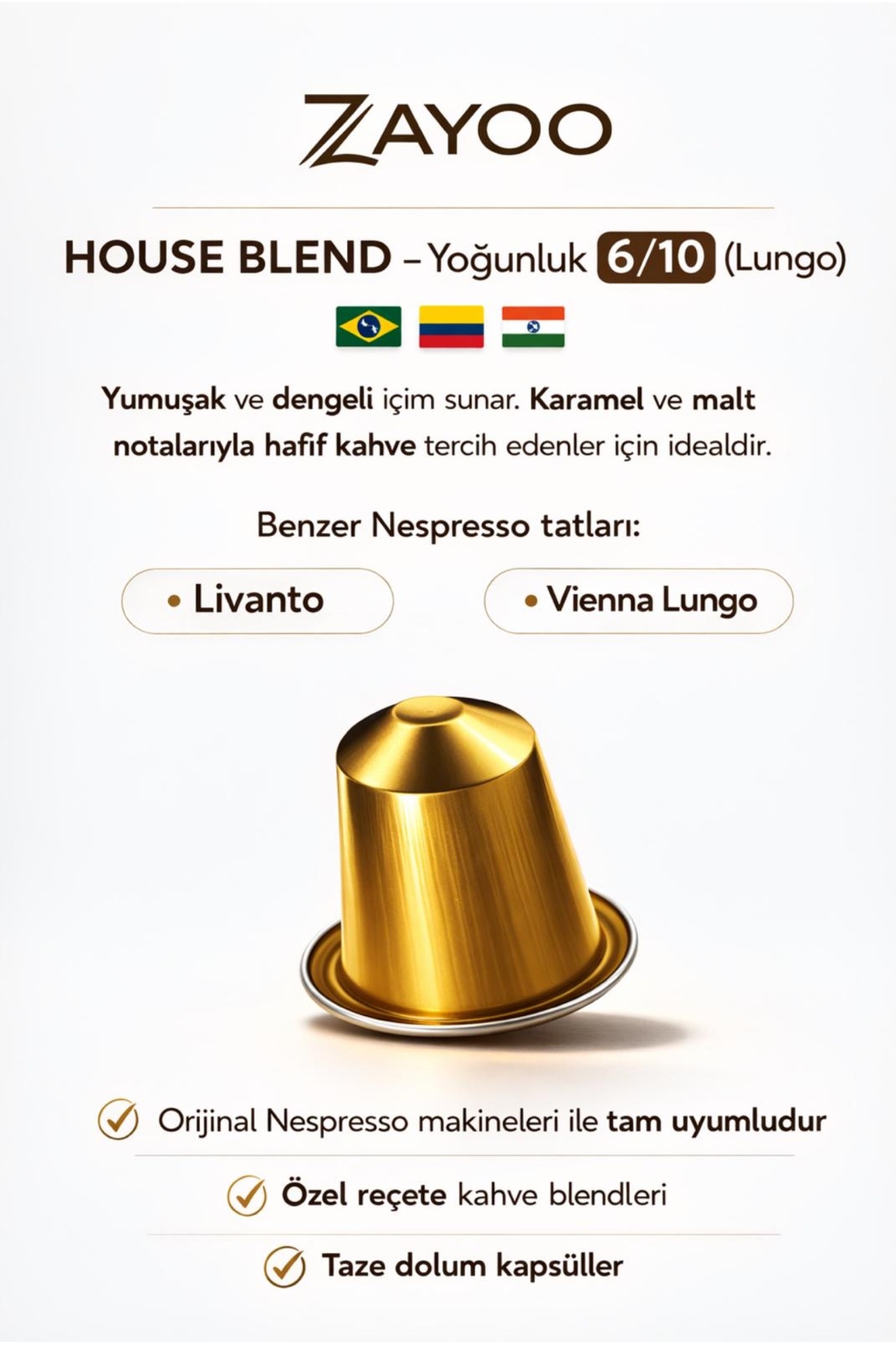 Zayoo Nespresso Original Uyumlu Alüminyum Kapsül - 2 Adet House Blend/Lungo 6 - 20 Kapsül - Görsel 2