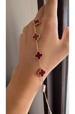 İlayda illys Gold Cleef Model Koyu Kırmızı Çelik Yonca Bileklik