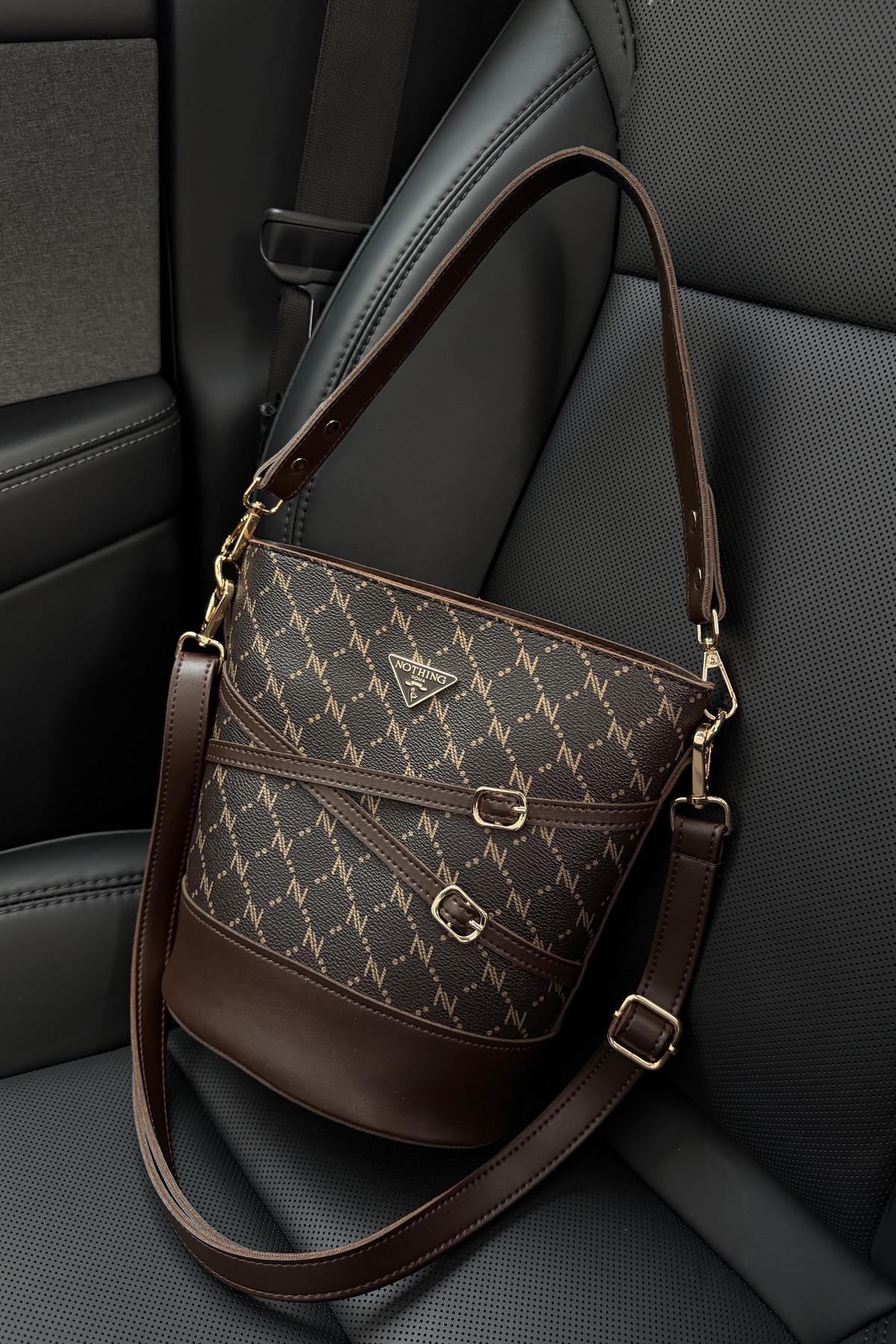 NOTHING Kadın Monogram Kahve Kemer Detaylı Kova Model El Omuz Ve Çapraz Çanta Carla