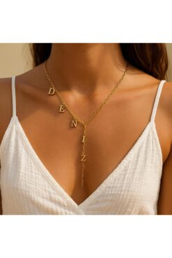 derokas Paslanmaz Çelik Harfli Kişiye Özel Trend Çelik Zincir Y Kolye Gold