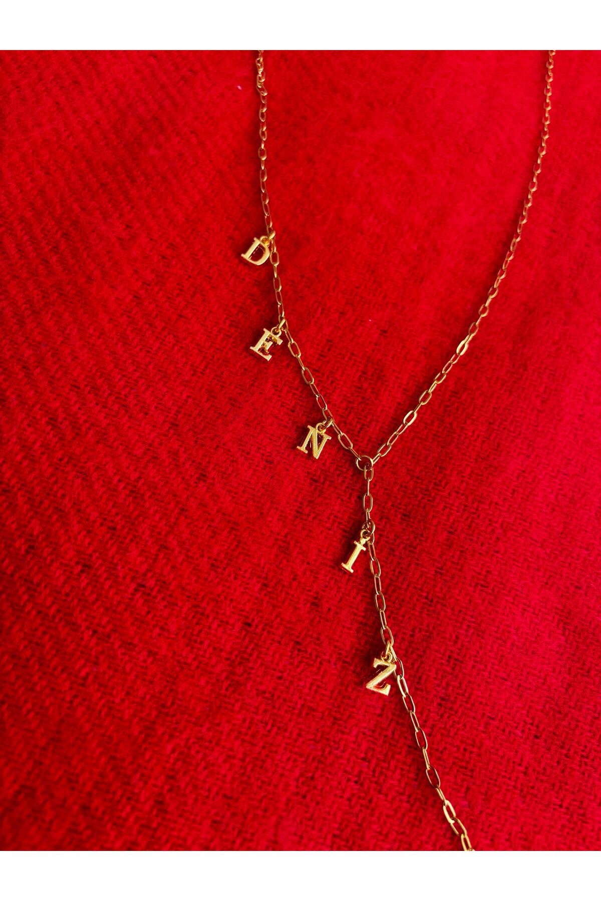 derokas Paslanmaz Çelik Harfli Kişiye Özel Trend Çelik Zincir Y Kolye Gold - Görsel 2