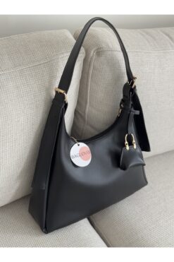 BAGLOVİS Askısı Toka Detaylı Mini Cüzdanlı Siyah Kadın Suni Deri Omuz Çantası EN34 BOY22