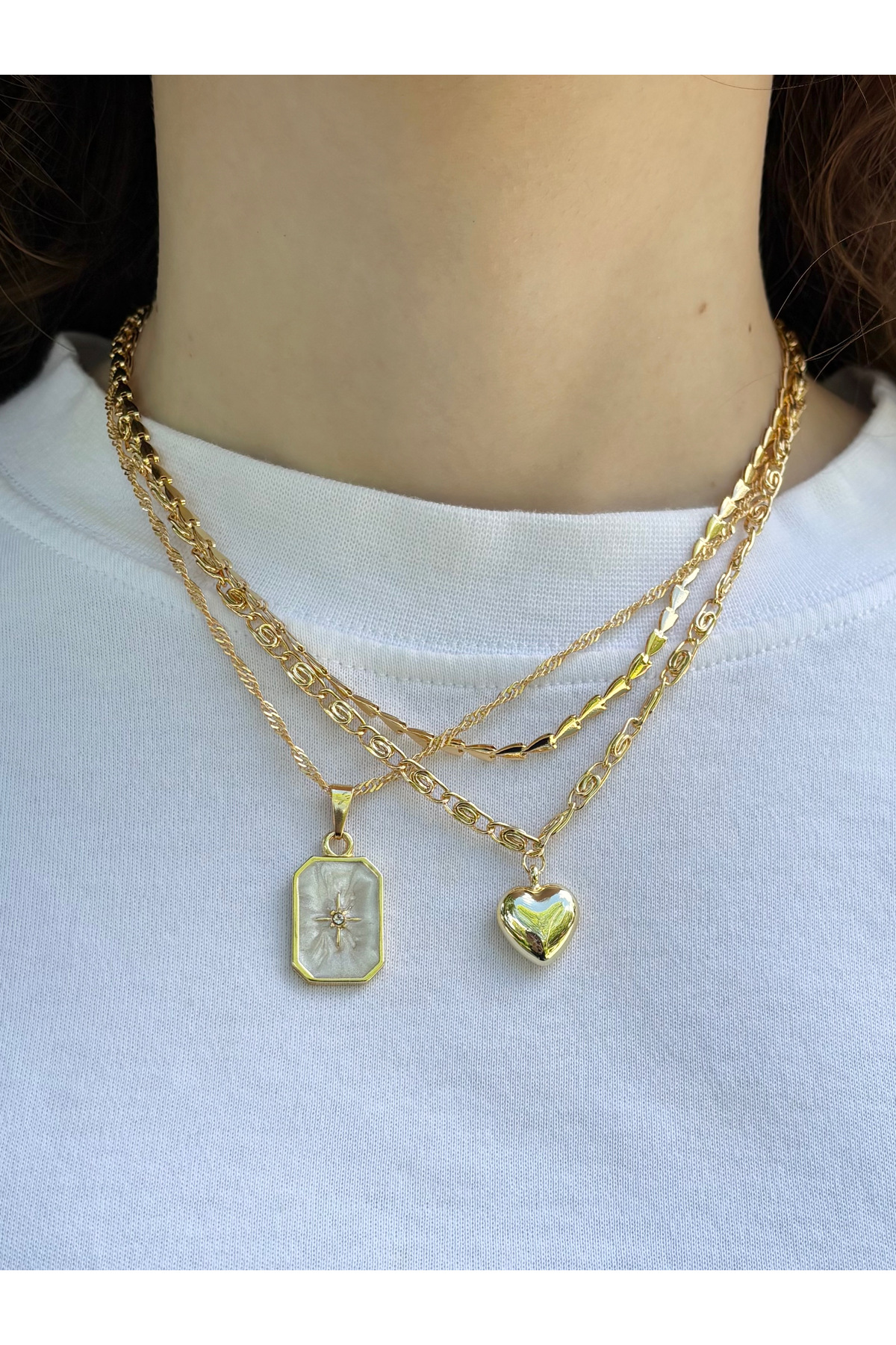 Eylülün Takısı Kadın Gold Renk 3 Adet Mineli Kalp Zincir Kolye Seti