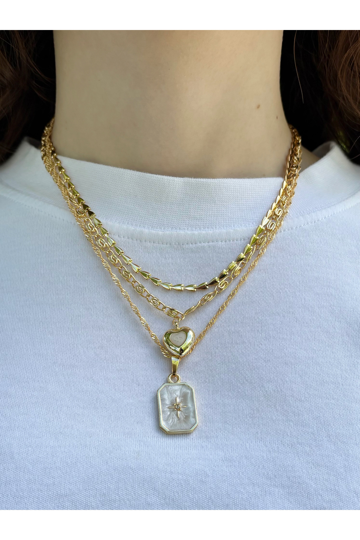 Eylülün Takısı Kadın Gold Renk 3 Adet Mineli Kalp Zincir Kolye Seti - Görsel 2