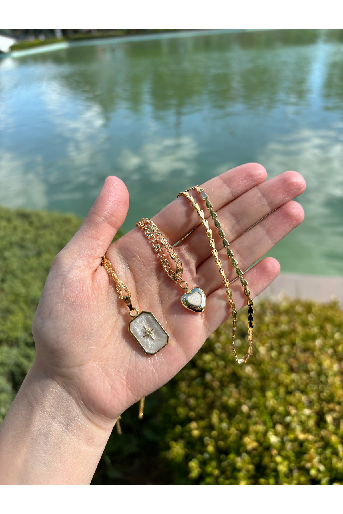 Eylülün Takısı Kadın Gold Renk 3 Adet Mineli Kalp Zincir Kolye Seti - Görsel 3