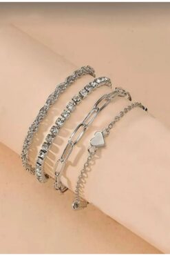 MAKSESUAR Kadın 4'lü Kalp Detaylı Bileklik Seti ( Lastik Toka Hediyeli)