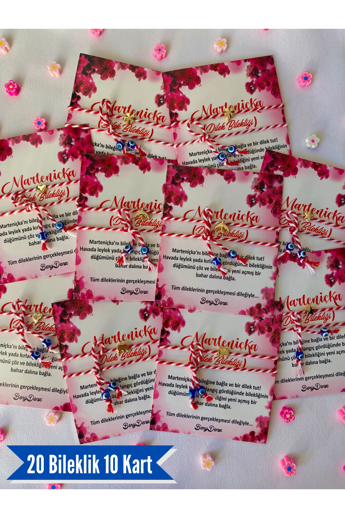 BeryDenz 20 Marteniçka Bileklik / 10 Kart / 10 hediye paketi 2’li Karma Seti (20 Bileklik / 10 Kart)