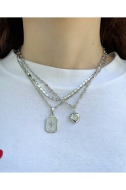 Eylülün Takısı Kadın Gümüş Renk 3 Adet Mineli Kalp Zincir Kolye Seti