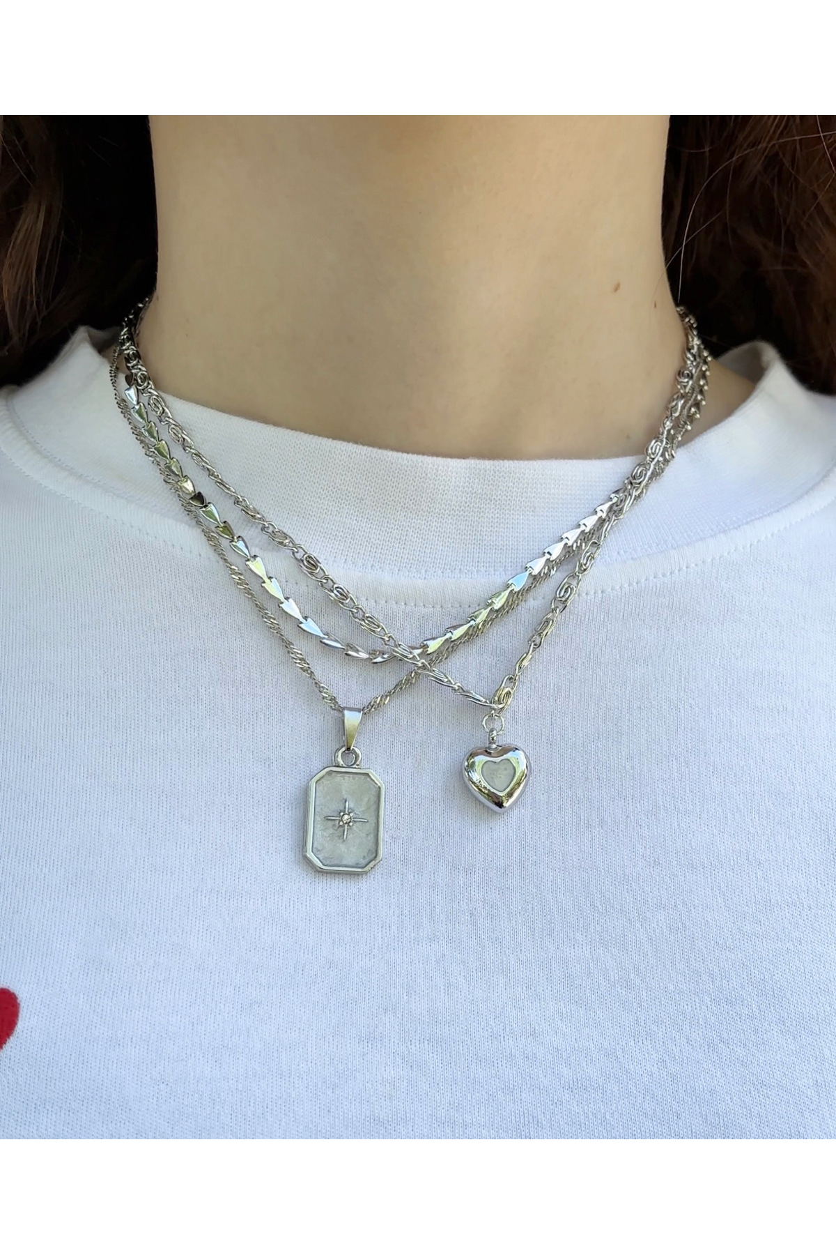 Eylülün Takısı Kadın Gümüş Renk 3 Adet Mineli Kalp Zincir Kolye Seti