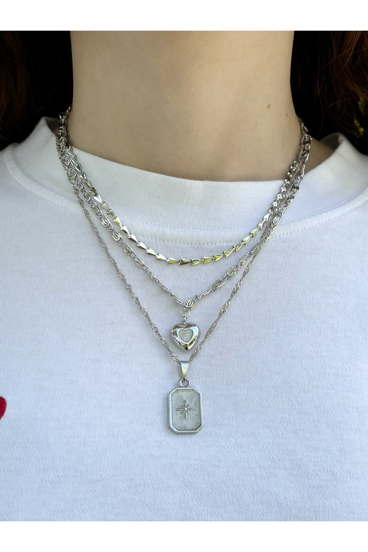 Eylülün Takısı Kadın Gümüş Renk 3 Adet Mineli Kalp Zincir Kolye Seti - Görsel 2