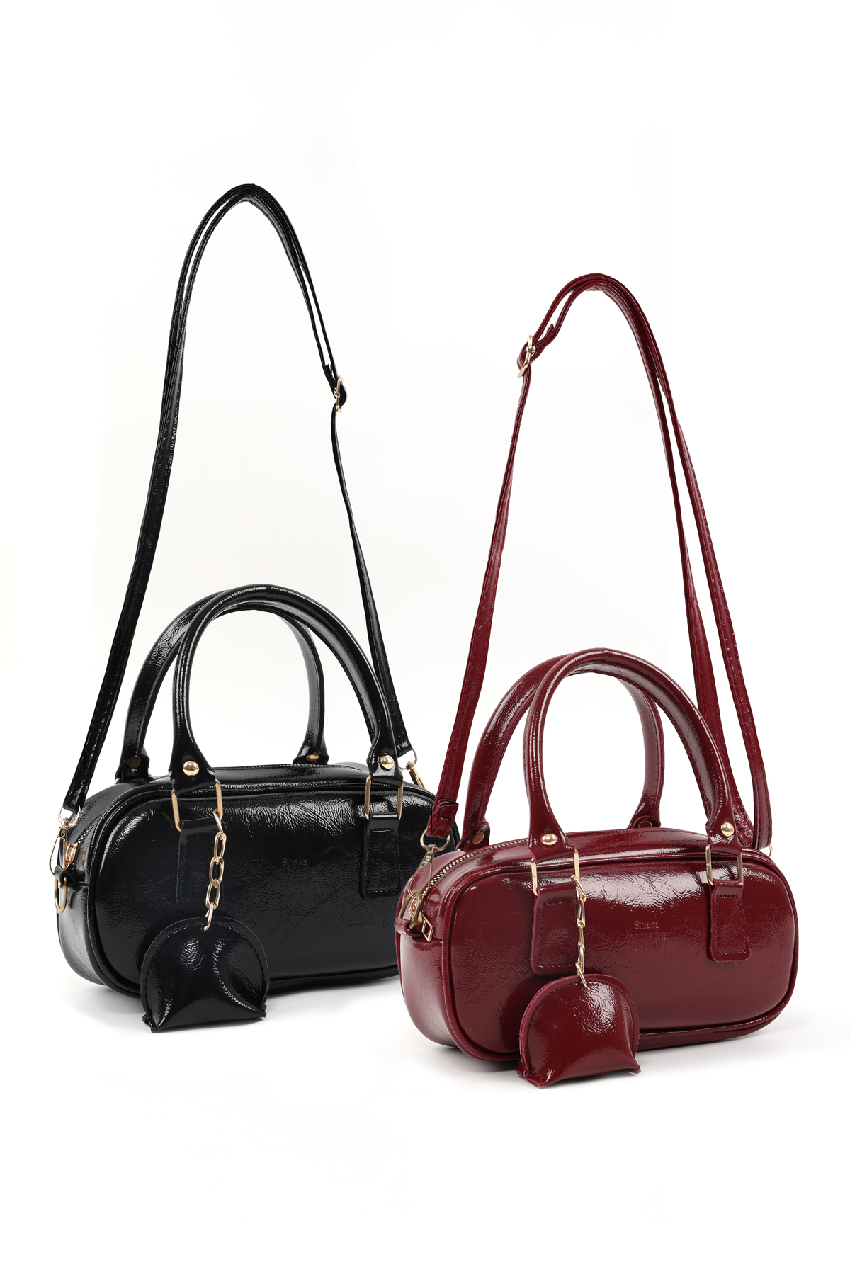 SHAKA Kırışık Dokulu Siyah/Kırışık Dokulu Bordo SHK295 Suni Deri ,2'li El, Kol Ve Omuz Çanta Seti (SHK207)