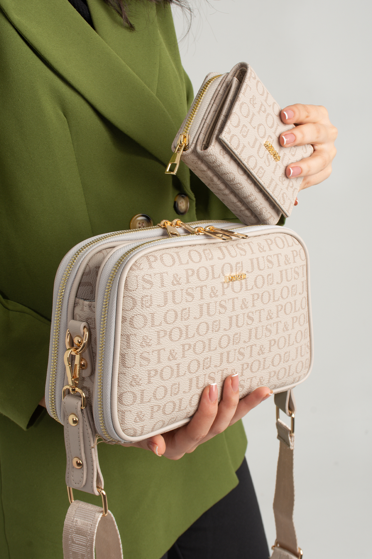 Just Polo Kadın Suya Dayanıklı Baskı Desenli 5 Bölmeli Çapraz Çanta Omuz Çantası ve Cüzdan Kombini TR3502