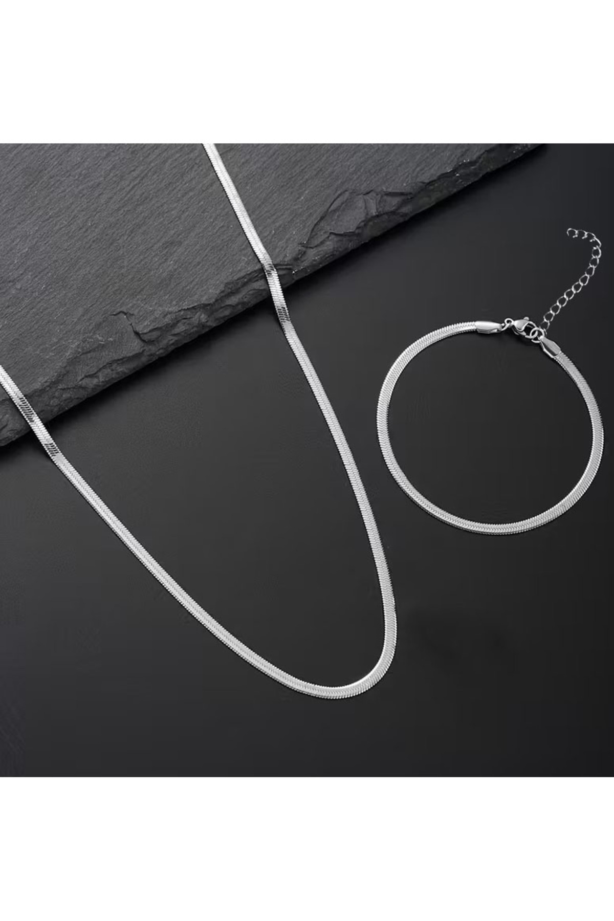 renery Unisex Kararmaz Paslanmaz Çelik Garantili İtalyan Çelik Yılan Kolye Bileklik Set