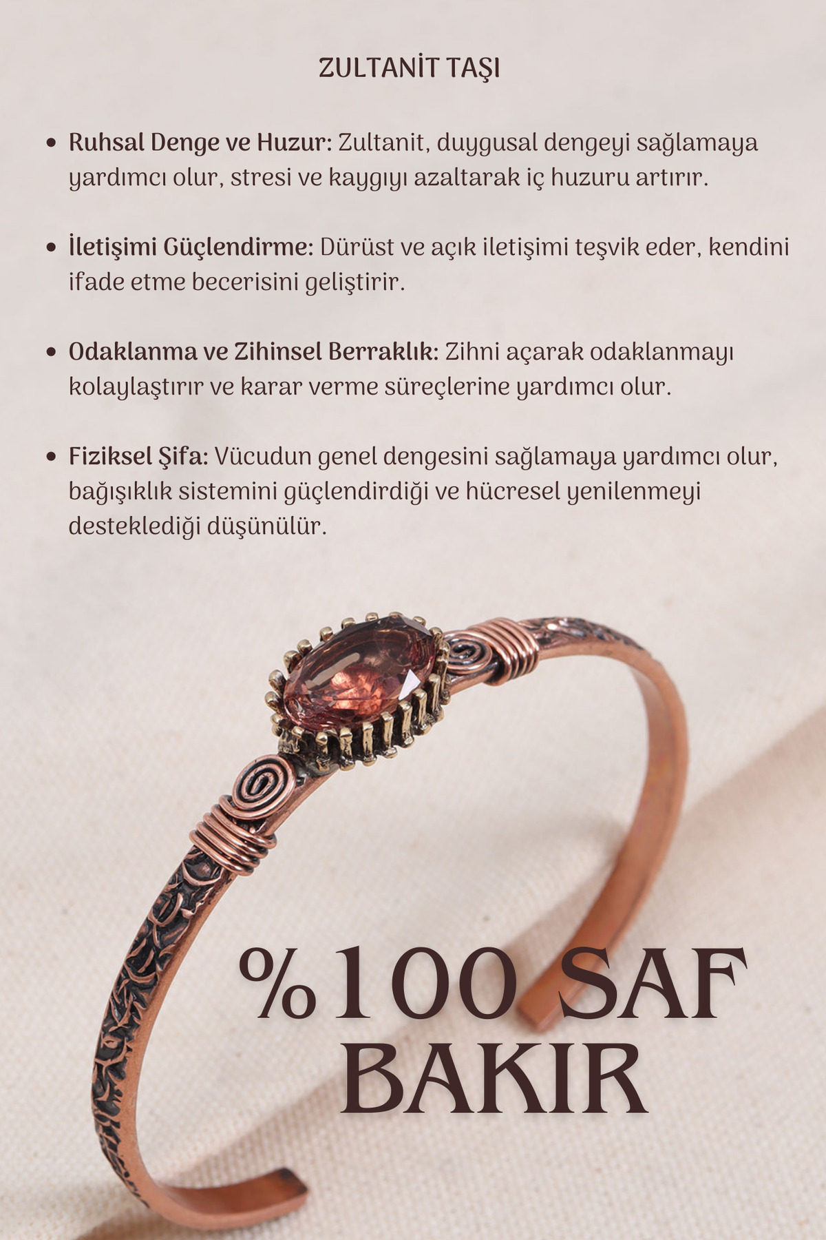 Süspüs Accessories Yeşil Zultanit Taşlı Renk Değiştiren Saf Bakır Bilezik