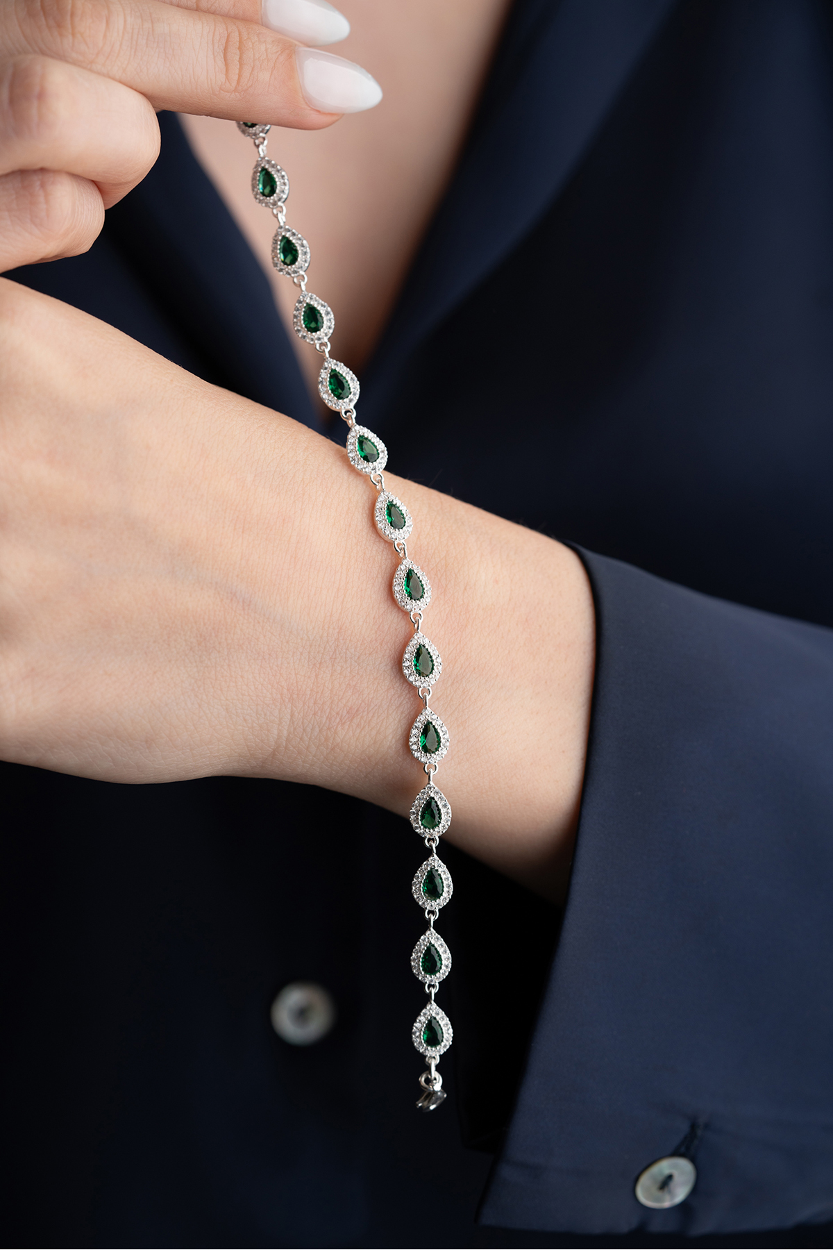 Silvano Jewelry 925 Ayar Gümüş Su Yolu Damla Zümrüt Taşlı Bileklik - Görsel 2