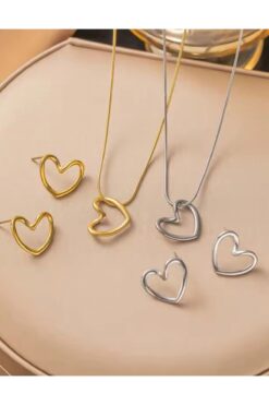 monalisatoka Kadın Kalp Gold, Gümüş Kolye ,Küpe 4'Lü Set