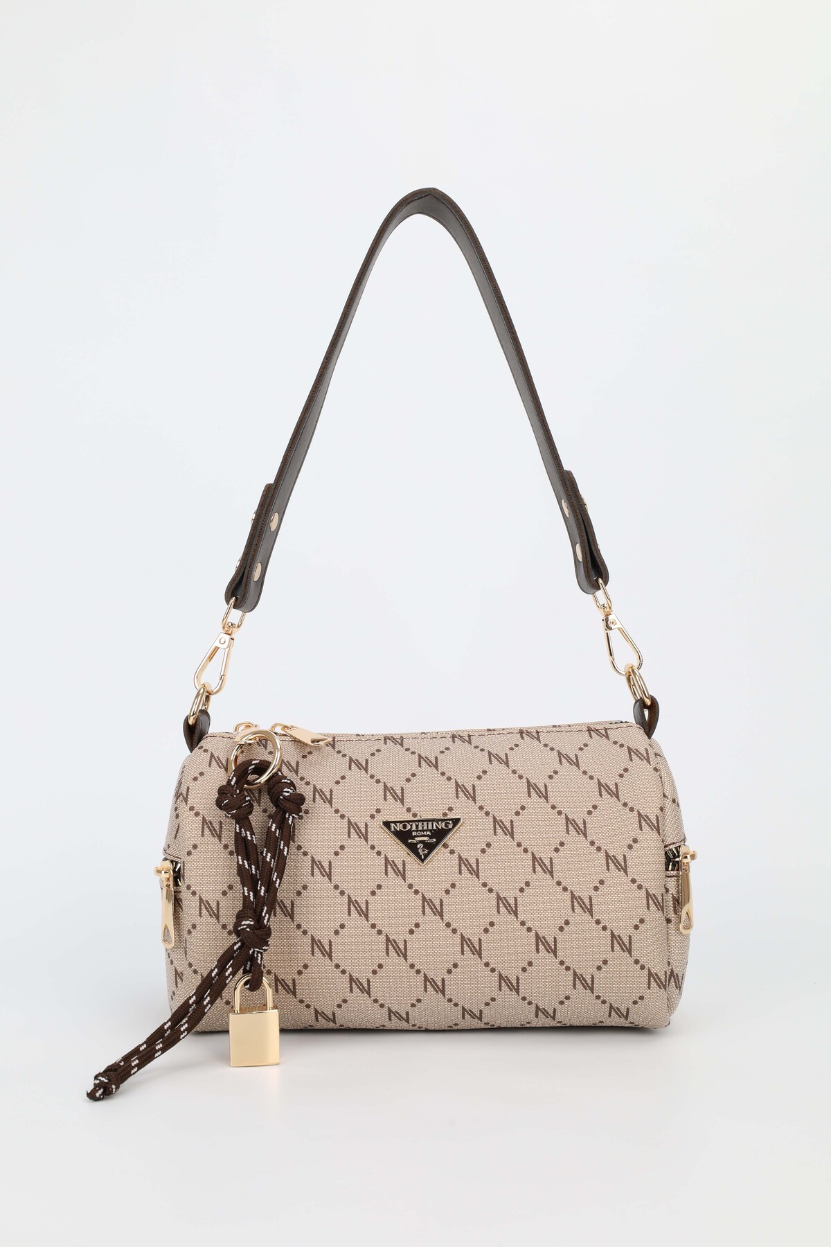 NOTHING Kadın Vizon Kahve Monogram Deri Kilit Charm Detaylı El Omuz ve Çapraz Çanta Alice