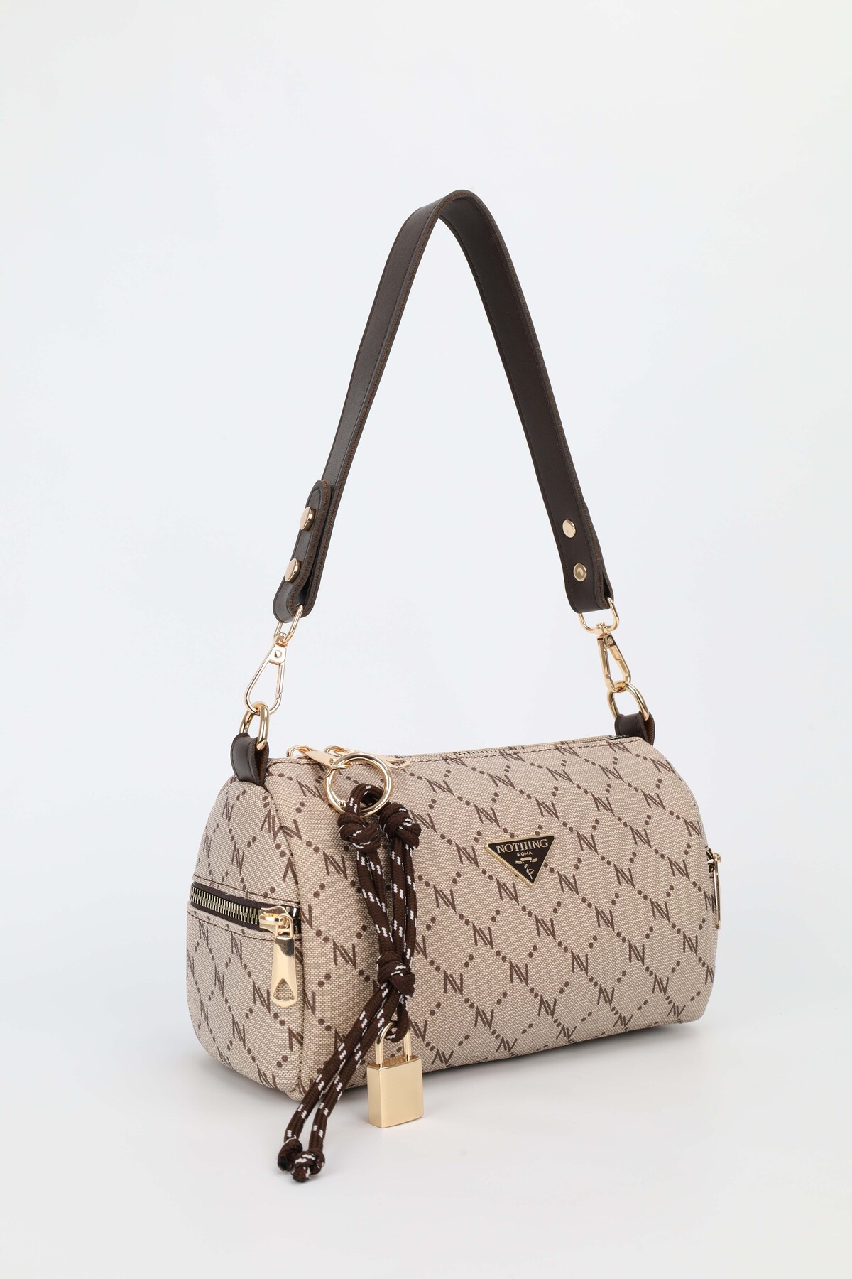 NOTHING Kadın Vizon Kahve Monogram Deri Kilit Charm Detaylı El Omuz ve Çapraz Çanta Alice - Görsel 3