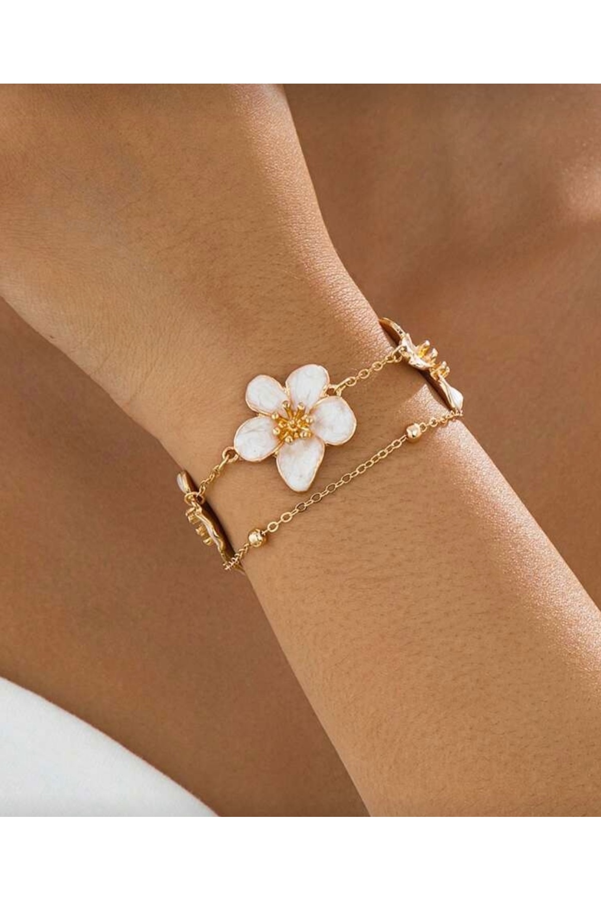 monalisatoka Kadın Gold 3 Adet Ekru Çiçekli Bileklik - Görsel 2