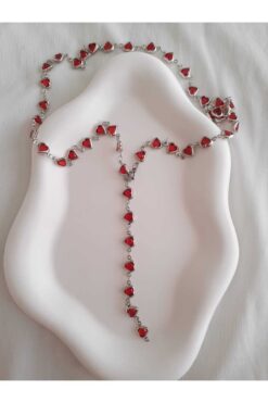 bijoux uniques Çelik Gümüş Kırmızı Kalpli Y Kolye