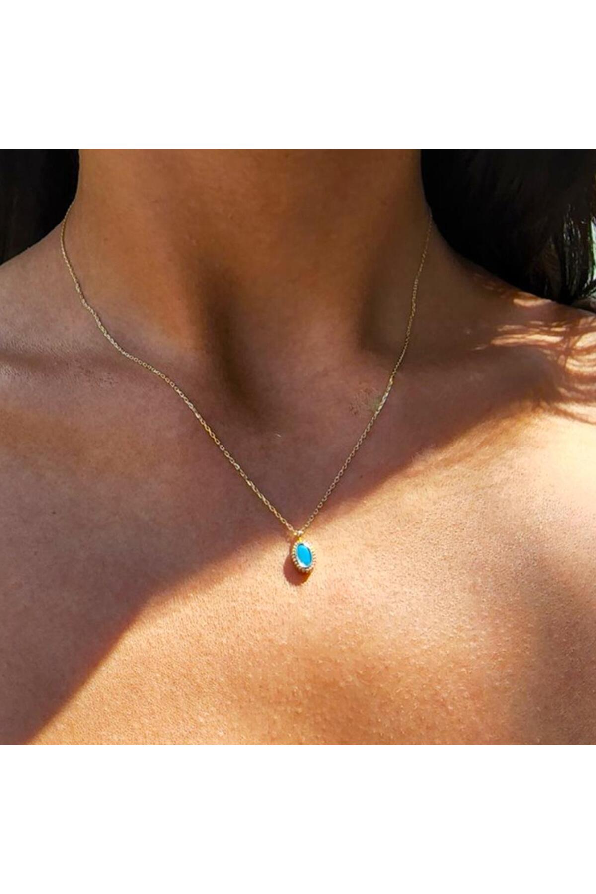 FasekGold Gümüş Kolye - 0.90 CT Turkuaz (Firuze) Taşlı Güverseli Sade Minimal Tasarım Hediyelik Gümüş Kolye - Görsel 3