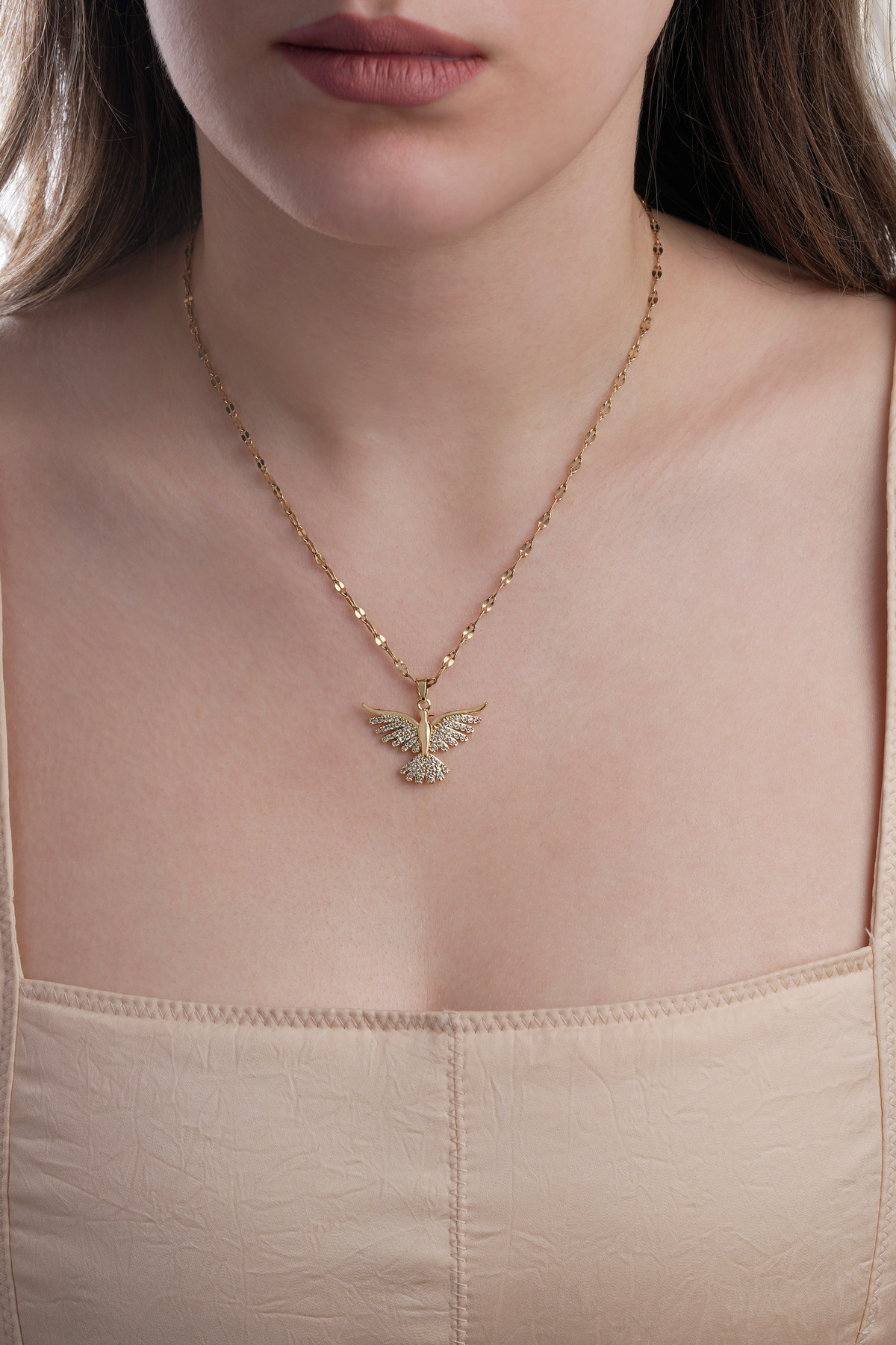 Alexis Carrel Zümrüdü Anka Kuşu Figürlü Çelik Kolye - Kararmaz Paslanmaz Gold Kadın Takı - Görsel 2