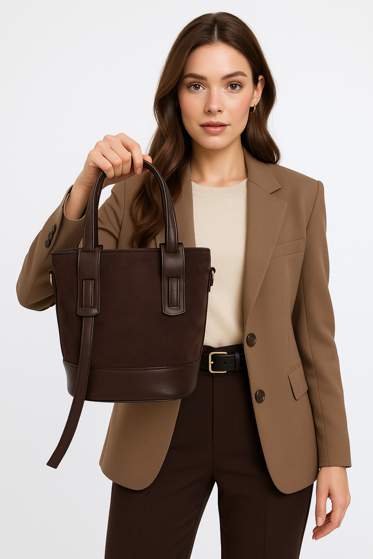 NOTHING Kadın Süet Kahve Uzun Deri Detaylı Fermuar Kapamalı Kova El ve Omuz Çantası - Görsel 2