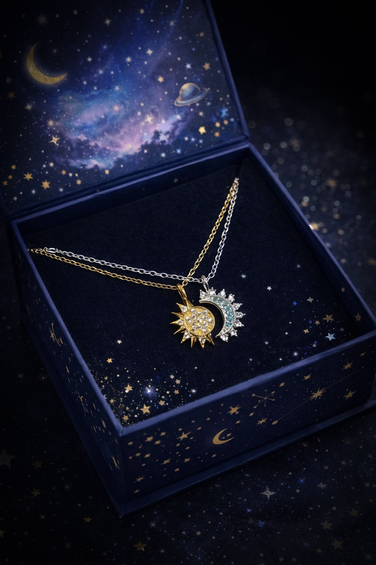 The Collection 2'li Gökyüzü Mavisi Işıltılı Güneş ve Hilal Ay Çift Arkadaşlık Sevgili Kolye - Görsel 2