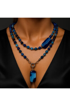 Asteria Elite Mavi Akik Iki Sıralı Uzun Denge, Güç Ve Nazardan Koruma Kolyesi