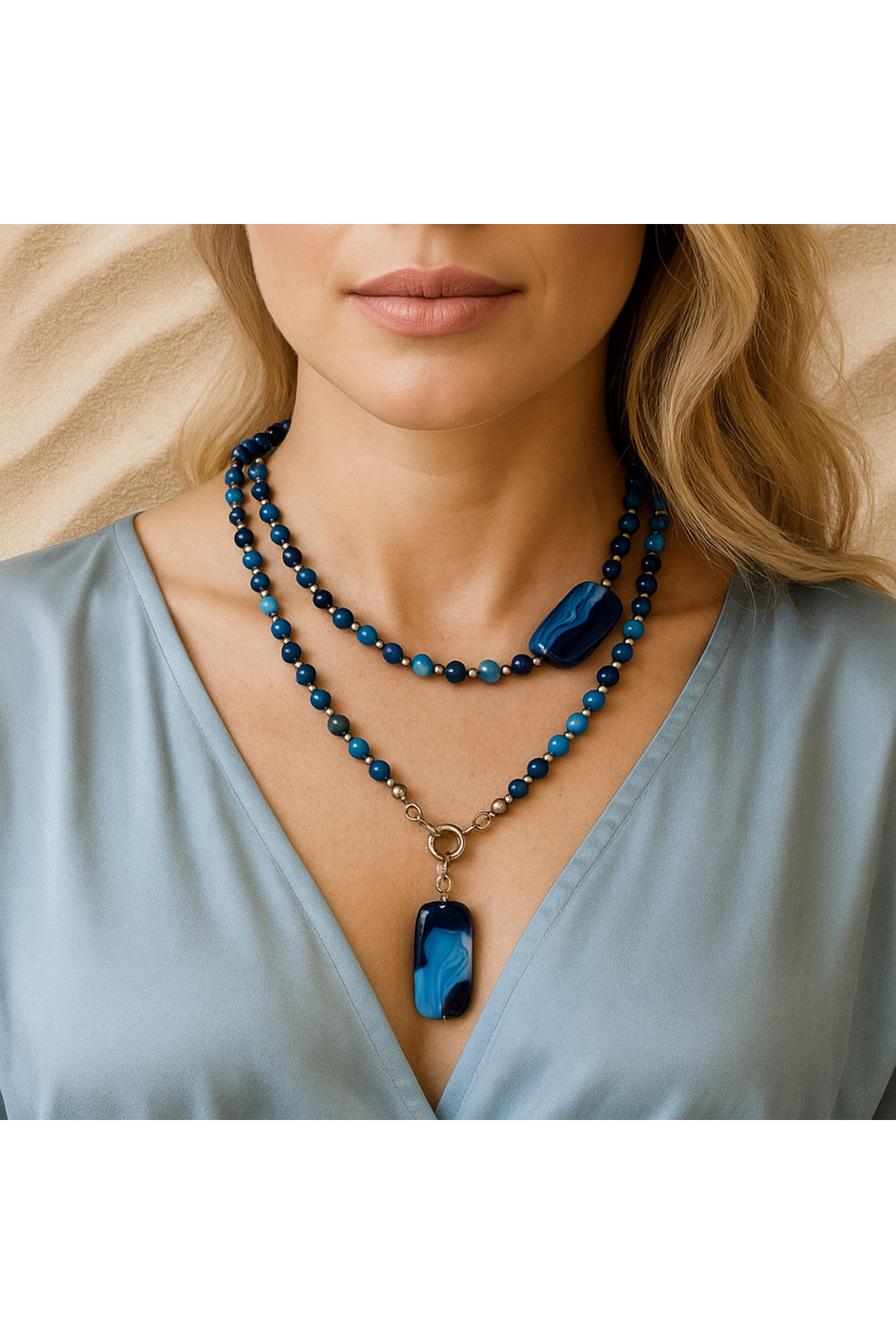 Asteria Elite Mavi Akik Iki Sıralı Uzun Denge, Güç Ve Nazardan Koruma Kolyesi - Görsel 3