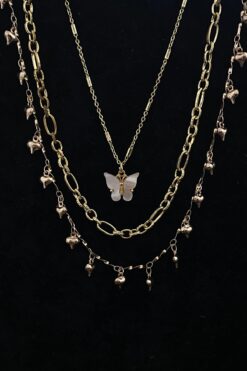 KOBA Kelebek Figürlü Çoklu Zincir Altın Renk Kadın Kolye Seti