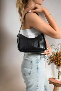 bag&more Siyah Kadın Kroko Desenli Baget Çanta Omuz Çanta Kol Çanta Kadın Çanta