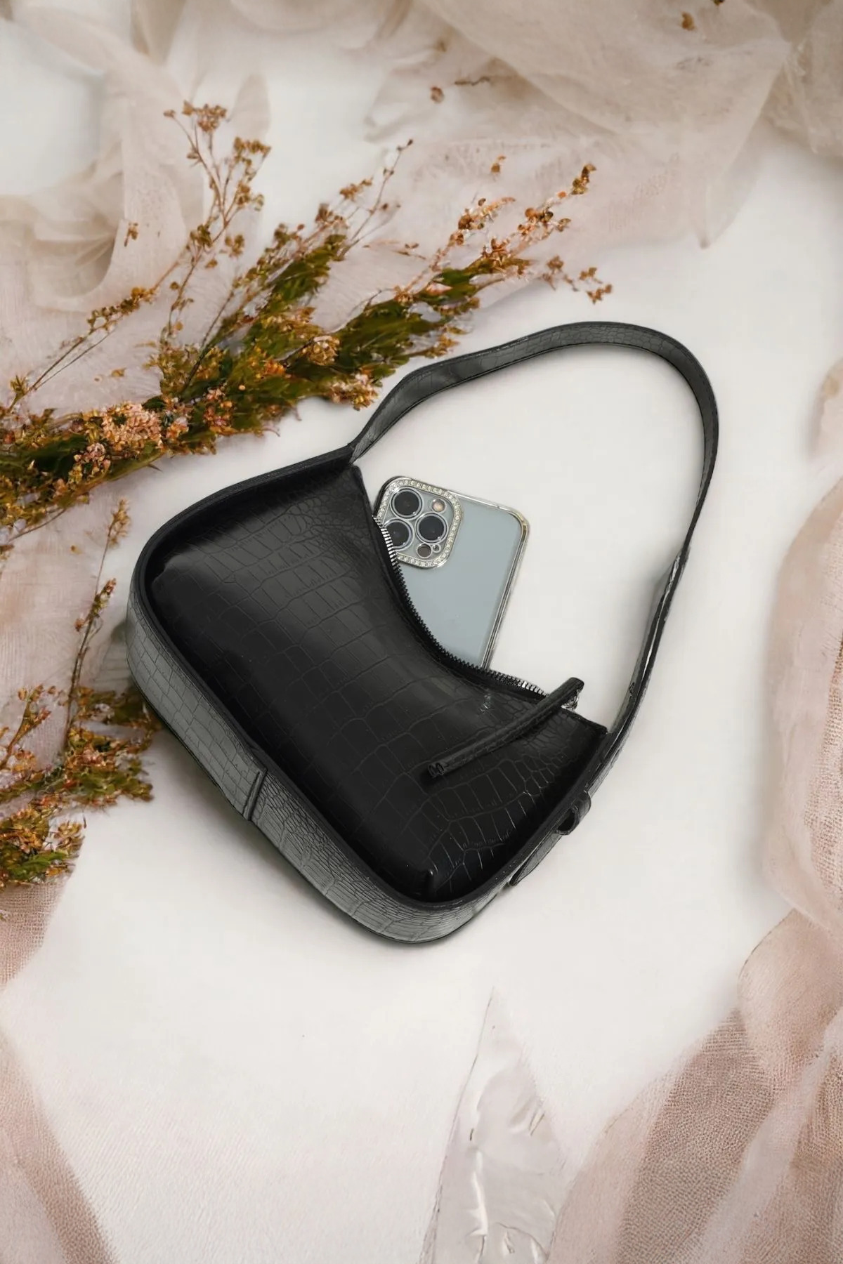 bag&more Siyah Kadın Kroko Desenli Baget Çanta Omuz Çanta Kol Çanta Kadın Çanta - Görsel 2