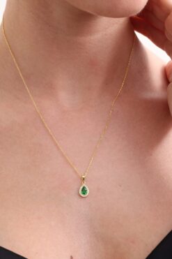 jingle bells Damla Zümrüt Renkli Zirkon Taşlı 925 Ayar Gümüş Kolye Altın Kaplama