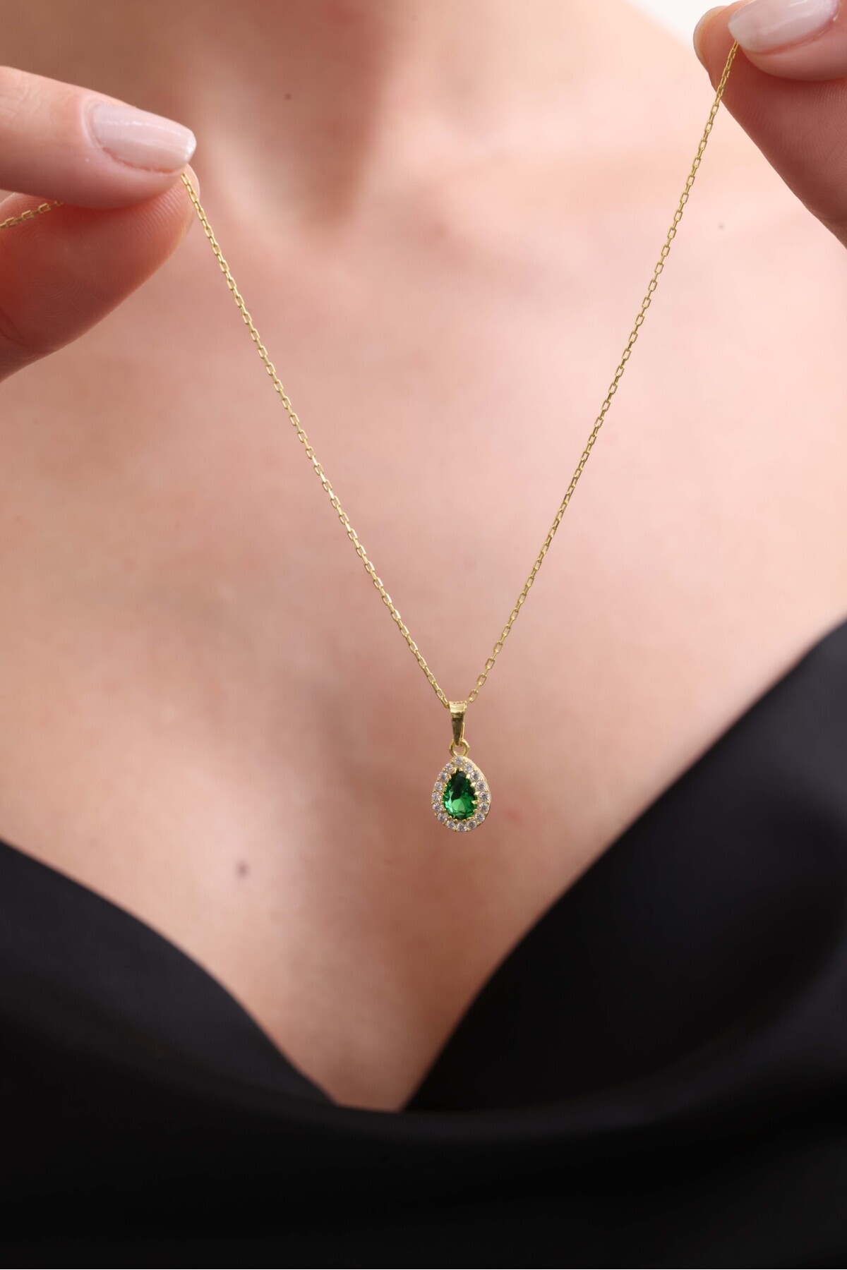 jingle bells Damla Zümrüt Renkli Zirkon Taşlı 925 Ayar Gümüş Kolye Altın Kaplama - Görsel 2