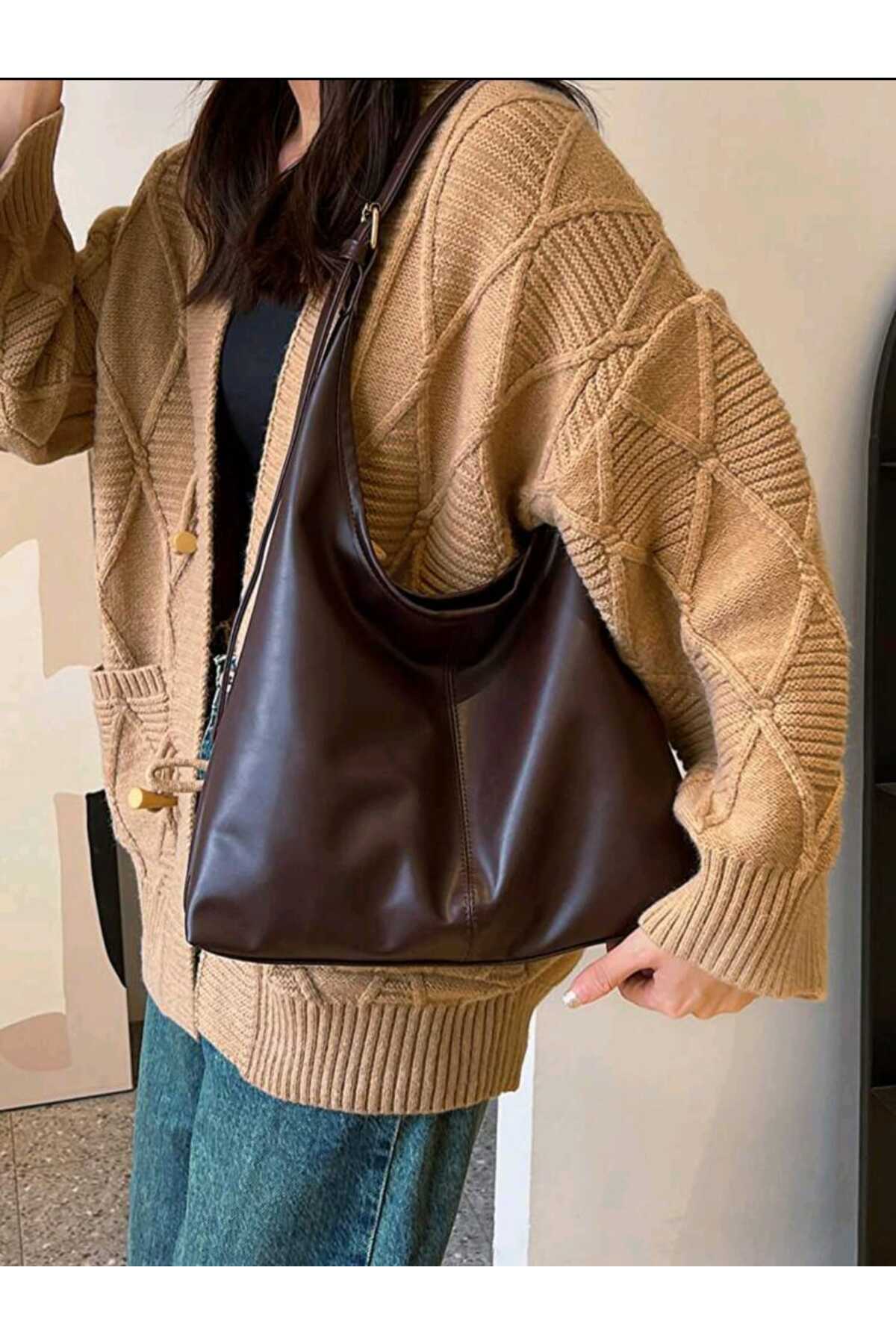 HAPBUY LUNA Kadın Acı Kahve Omuz Çantası Yumuşak Iç Ve Dış Dokulu Kaliteli Işçilik - Görsel 2