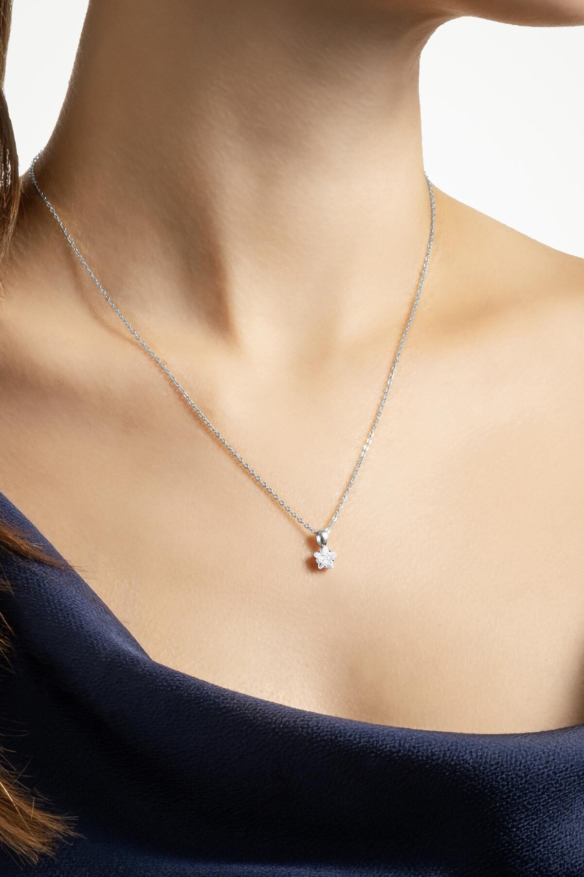 So CHIC... Minimal Yıldız Taşlı 18 Ayar Beyaz Altın Kaplama 45 Cm Gümüş Kolye - Görsel 2